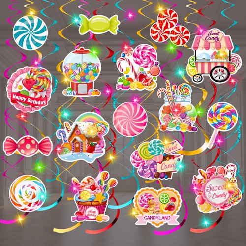 40Pcs Sweet Candyland Birthday Decorations Colorful Candy Christmas Party Hanging Swirls with LED Lights Lollipop Themed Birthday Ceiling Swirls for Kids Girls Boys Baby Shower Party Favors ﻿
