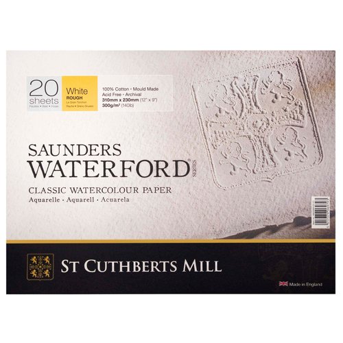 St. Cuthberts Mill Saunders Waterford Watercolor Paper Block - 12x9-inch White 100% Cotton Watercolor Paper - 20 Sheets of 140lb Rough Watercolor Paper for Gouache Ink Acrylic Charcoal and More