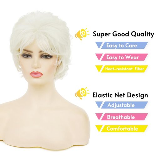 RicHyun Womens Short White Wig Natural Curly Cream White Wig Synthetic Heat Resistant Hair Replacment Wig for Daily Party Costumes