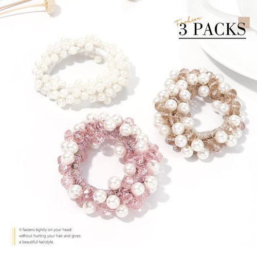 Bartosi Pearl Hair Ties White Elastic Hair Scrunchies Rhinestone Ponytail Holder Beaded Hair Ropes Non Slip Hair Bands Hair Accessories for Women and Girls (Pack of 3)