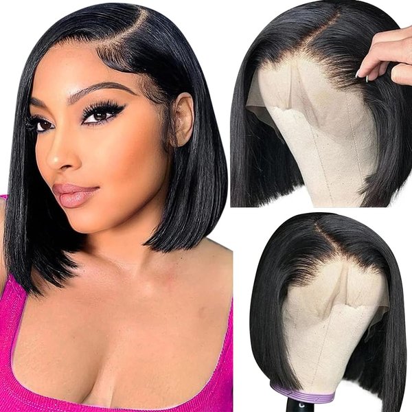 Dorosy Hair Transparent Lace Short Bob Wigs Human Hair 13x4 Lace Front Wigs Brazilian Virgin Human Hair Straight Bob lace Front Wigs for Black Women Pre Plucked with Baby Hair Natural Black (8 inch)