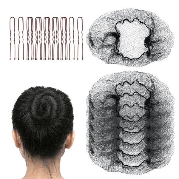 FVOLREM Hair Net Set: 20 Pieces 20-Inch Black Nets, 40 Pieces 2.4-Inch Brown U Pins - For Food Service, Bun Making, Ballet, and Versatile Hairstyling