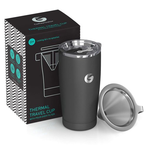 Coffee Gator Coffee Travel Mug - 20 oz Stainless-Steel, Vacuum Insulated Tea and Coffee Tumbler for Women and Men with Leakproof Lid & Paperless Dripper, Gray