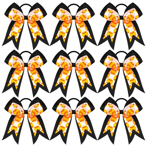 MTLEE 9 Pcs 7.5 Inch Black Softball Ribbon Hair Bows Cheer Hair Bows Elastic Scrunchies Hair Bands Cheerleader Bows Volleyball Sports Ball Ponytail Holder Sport Hair Accessories for Girl Player