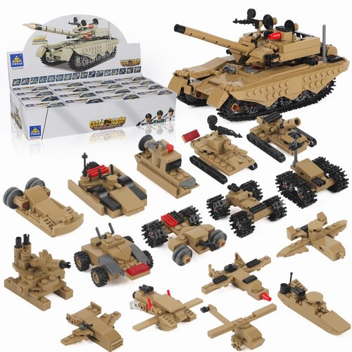 ENHANA 16 in 1 Building Block Army Tank Mammoth Tank Building Toy Set with Tactical Vehicles,Military Tanks, Trucks, Air Plane, Helicopter, Boat, Submarine, Missile Truck, Building Blocks Set