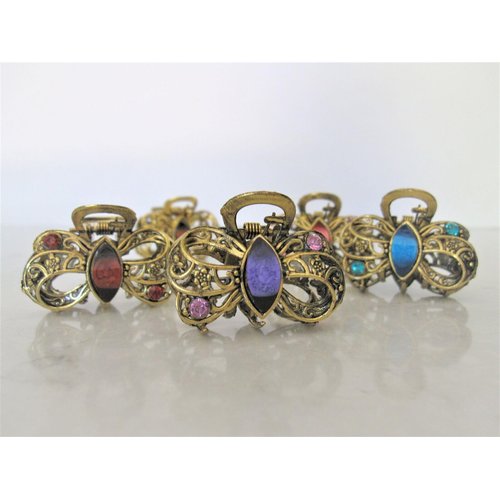 Generic Small bow shaped jeweled antique bronze hair claw clip Set A (Primary color: Pink), 1 Count (Pack of 1)
