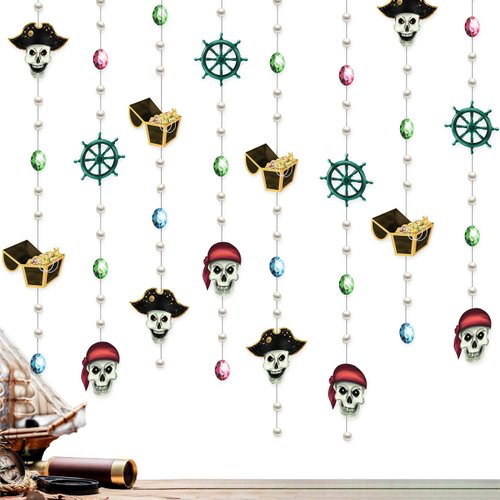 Cheerland Strings Skull Pirate Garlands for Halloween Party Decorations Treasure Chest Box Hanging Decoration Men Skeleton Pirate Streamer Banner Backdrop for Costume Birthday Party Supplies 4 Pcs
