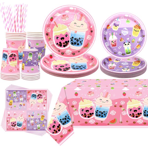 Obussgar Bubble Tea Party Decorations, Milk Tea Party Supplies Includes Plates, Cups, Tissues, Tablecloth, Straws for Girls Birthday Party Decorations (20)