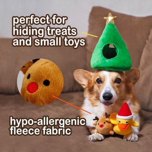 TAILMORR Hide and Seek Plush Dog Toys for Boredom, Crinkle Squeaky Fun Christmas Tree Burrow, Colorful Interactive Dog Toy Puzzle for Small & Medium Breeds - Duck and Reindeer