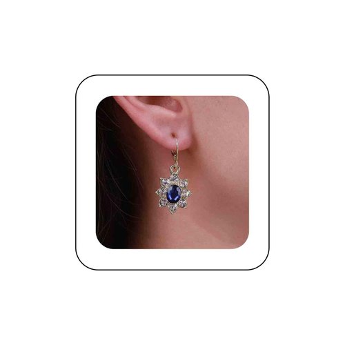 Sttiafay Vintage Crystal Flower Earrings Sapphire Drop Earrings Blue Oval Gem Earrings Gold Rhinestone Huggie Hoop Earrings Jewelry for Women