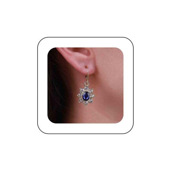 Sttiafay Vintage Crystal Flower Earrings Sapphire Drop Earrings Blue Oval Gem Earrings Gold Rhinestone Huggie Hoop Earrings Jewelry for Women
