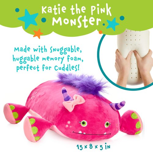 MEMORY MATES Cuddly Memory Foam Pillow Plush with Belly Pocket, Kids Pillow for Hugging Sleeping & Storing Diary, 15” Stuffed Animal & Journal Set - Katie The Pink Monster