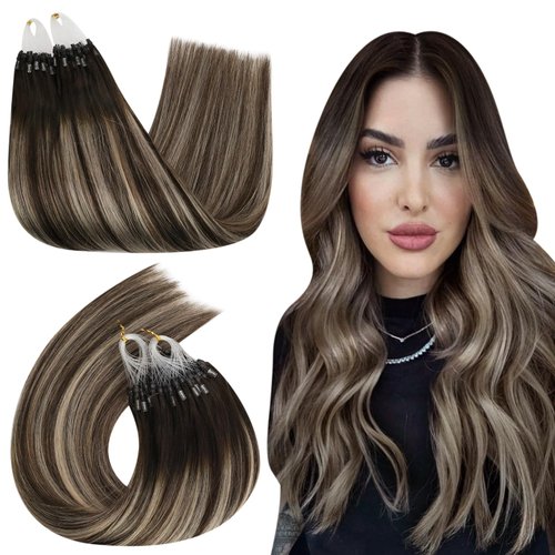 Ugeat Microlink Hair Extensions Real Human Hair Balayage Dark Brown to Ash Blonde Mix Brown Microring Hair Extensions Human Hair Silky Straight Micro Bead Human Hair Extensions 20 Inch 50s