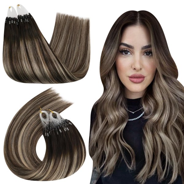 Ugeat Microlink Hair Extensions Real Human Hair Balayage Dark Brown to Ash Blonde Mix Brown Microring Hair Extensions Human Hair Silky Straight Micro Bead Human Hair Extensions 20 Inch 50s