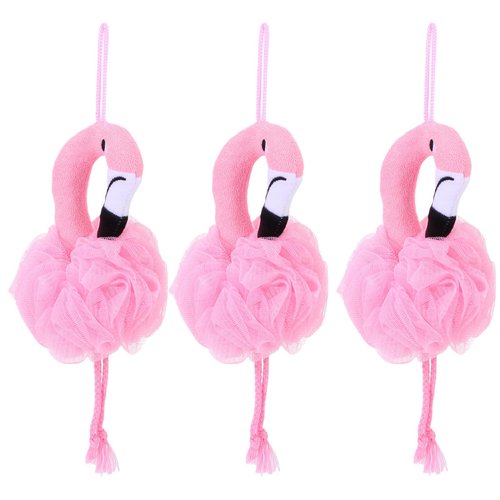 FRCOLOR Shower Loofah Bath Sponge Flamingo Mesh Pouf Body Scrubber with Hanging Rope for Kids Women Girls Pink
