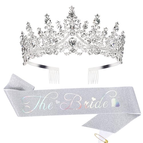 Casoty Silver Bride to Be Sash & Tiara Kit, Bachelorette Party Supplies, Bachelorette Sash, Bride Tiara for Bridal Shower, Bride Sash Set for Bridal Party Shower Wedding