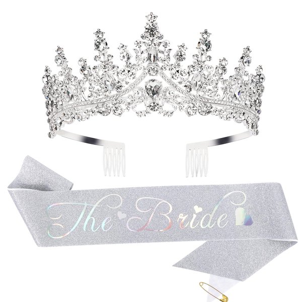 Casoty Silver Bride to Be Sash & Tiara Kit, Bachelorette Party Supplies, Bachelorette Sash, Bride Tiara for Bridal Shower, Bride Sash Set for Bridal Party Shower Wedding