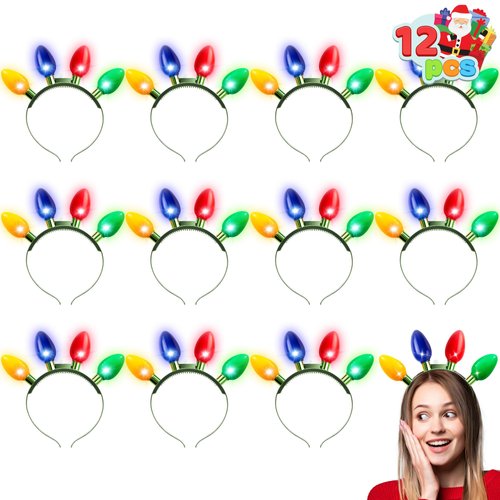 JOYIN 12 PCS Christmas Headband LED Light Bulb Flashing Headband with 4 Colorful LED Bulbs for Adults Kids Christmas Accessories Christmas Party Favors Xmas Party Supplies