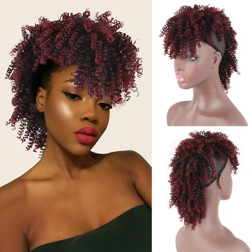 Aisaide High Puff Afro Ponytail Drawstring,Short Red Curly Ponytail Extension,Mohawk Kinky Synthetic Hair Bun with Bangs,Wrap Updo Clip in Hair Extensions with Six Clips and Two Comb(1B/BUG)