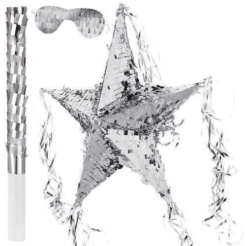 Foil Star Piñata with Blindfold and Bat for Kids Birthday Foldable Star Shape Piñata with Piñata Stick Festive Star Piñata Foil Star Fiesta Party Supplies Favors for Mexican Party Baby Shower, Silver