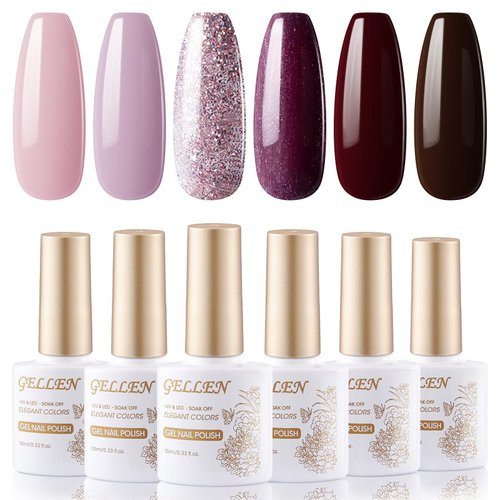 Gellen Gel Nail Polish Set - 6 Colors Burgundy Gel Nail Polish Baby Pink Deep/Dark Red Gel Polish with Rose Glitters Wine Red Nail Polish Gel Home Salon Nail Art Gel Manicure Kit for Women's Gift