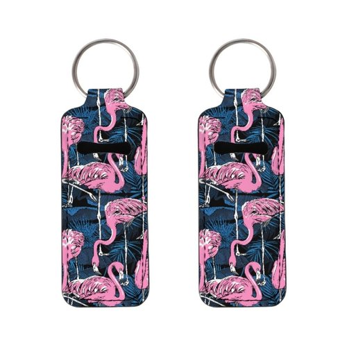 ENLACHIC 2Pcs Flamingo Print Chapstick Holder Keychain Bulk Lip Balm Holder Chapstick Portable Lipstick Holder Keychain for Women Girls,Pink Flamingo Leaf