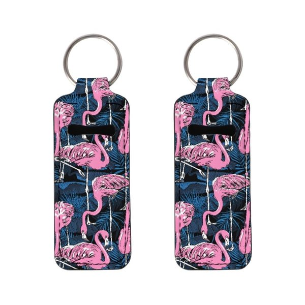 ENLACHIC 2Pcs Flamingo Print Chapstick Holder Keychain Bulk Lip Balm Holder Chapstick Portable Lipstick Holder Keychain for Women Girls,Pink Flamingo Leaf