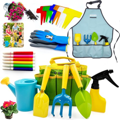 liamasum Kids Gardening Set - Toddler Garden Tool Kit Includes Shovel Rake Trowel Apron Toddler Gloves Watering Can and Sturdy Tote Bag for Kids Best Outdoor Toys Gift for Boys and Girls