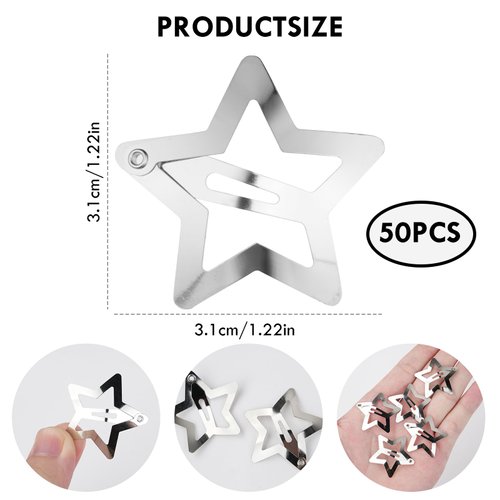 AUAUY 50 Pcs Star Hair Clips, Y2K Silver Star Snap Hair Clips, Non-slip Metal Snap Barrettes, Hollow Star Hair Clips, Smooth and Frosted Hairpin Set Vintage Punk Hair Accessories for Women and Girls