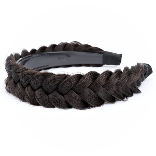 BOBIYA Wide Chunky Plaited Braided Headband Hair Band Synthetic Braid Hairpieces with Teeth Piano Two Tone Colors Accessories (W-Brunette Brown)