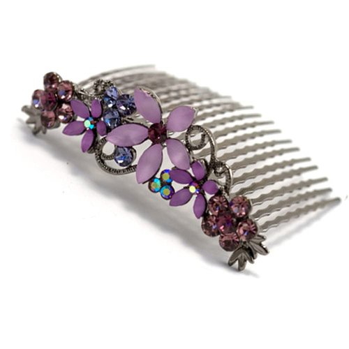 Medium Decorative Hair Comb Rhinestone Crystal Frosted Flowers Bridal Hair Comb, Puple