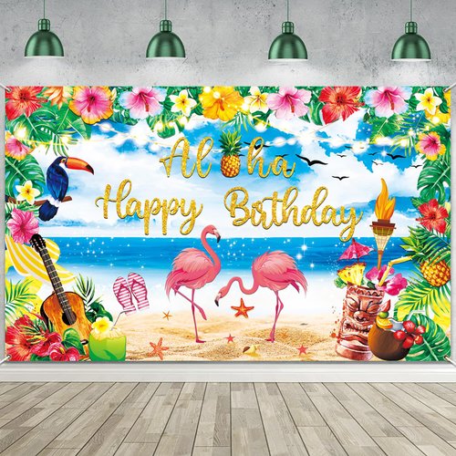Luau Birthday Party Decorations Supplies, Summer Hawaiian Birthday Backdrop for Tropical Flamingo Pool Beach Party Decoration, Aloha Party Banner with Palm Pineapple Hibiscus Tiki Ukulele Watercolor