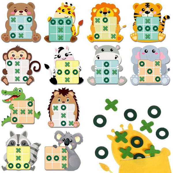 Capoda 24 Pack Jungle Animals Safari Theme Party Favors Tic Tac Toe Strategic Board Game Felt with Storage Bags Jungle Theme Goodie Bags Stuffers for Safari Animal Birthday Party Favor Classroom Prize