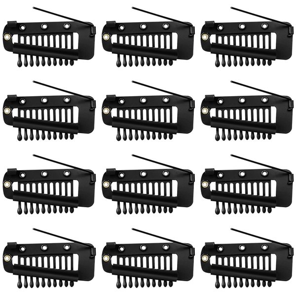 Wig Clips to Secure Wig No Sew, 12 Pcs 10-Teeth Wig Clips with Safety Pins Wig Combs Hair Extension Clips Styling Tools Hair Accessories for Women Girls Wig Headscarf (Black)