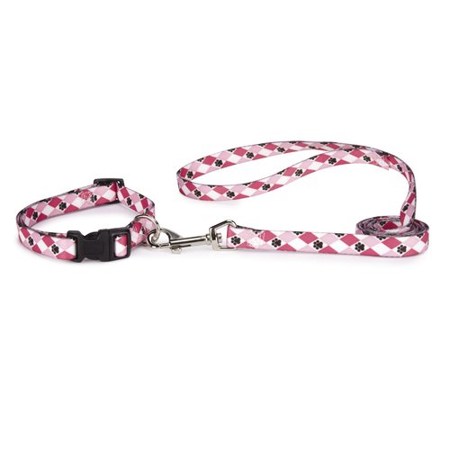 Casual Canine Nylon Pooch Patterns Dog Collar, Fits Necks 6" to 10", Pink Argyle