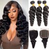 Loose Wave Bundles with Closure (16 18 20 +14) Wet and Wavy Brazilian Virgin Ocean wave Human Hair 3 Bundles with 4x4 Lace Closure with Baby Hair Free Part Loose Deep Wave Human Hair Extensions