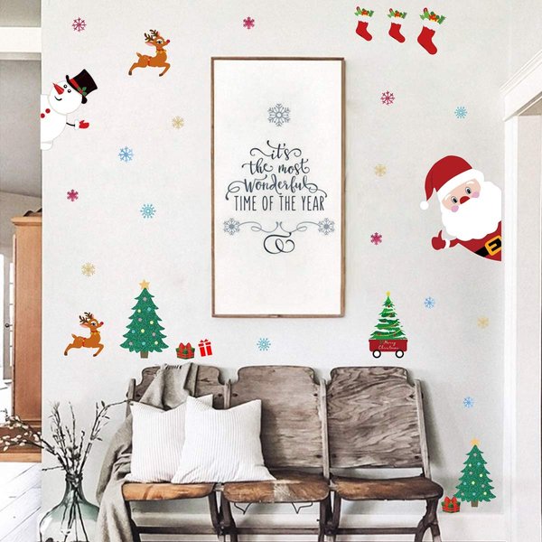 Easu Christmas Wall Decals Santa Claus Wall Decals Snowman Decals Christmas Tree Stocking Gift Wall Art Christmas Decorations Holiday Decor