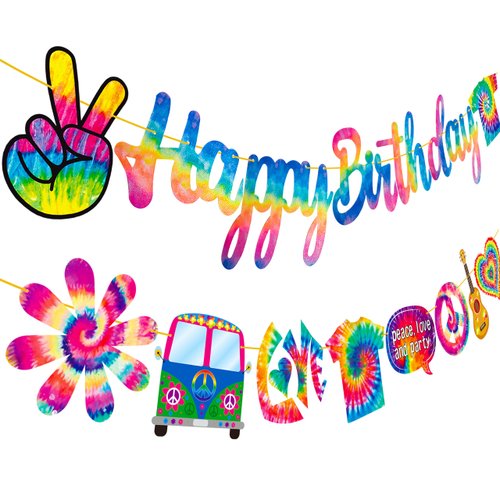 C L cooper life Tie Dye Happy Birthday Banner, Art Theme Party Decorations, Rainbow, 60s 70s Hippie Groovy Carnival Party Supplies