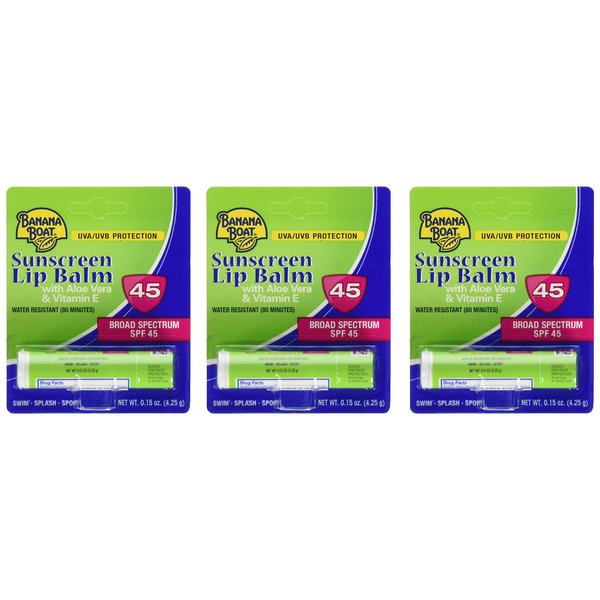 Banana Boat Aloe Vera Sunscreen Lip Balm with Vitamin E SPF 45 3-Pack