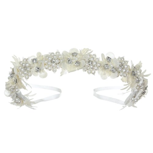 SAMKY Pearl Rhinestone Crystal Satin Communion Flower Wreath Headband T1303