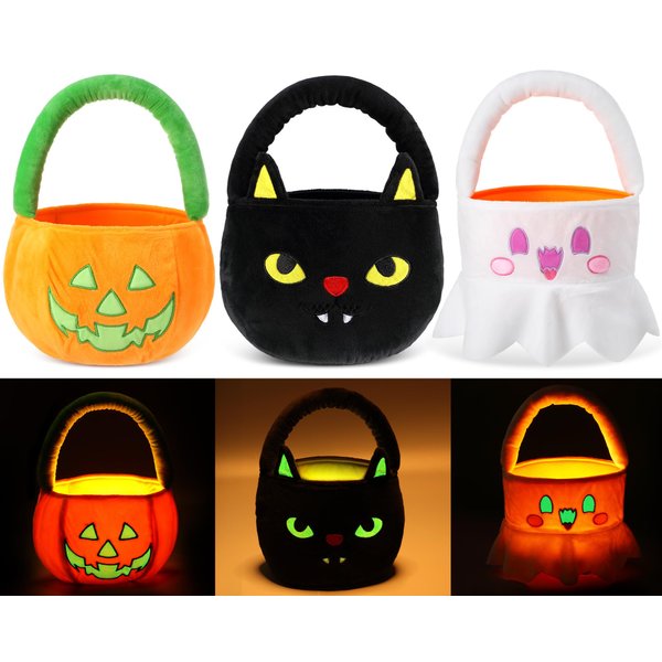 Teenyyou 3 Pcs Halloween Baskets Plush Glow in The Dark Candy Bucket Bag Toys Halloween Ghost Pumpkin Black Cat Glow Candy Tote Plush Toy for Halloween Party Favors Gifts