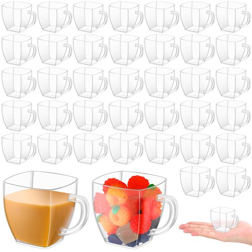 Amyhill 100 Pcs 2 oz Disposable Tea Cups Mini Plastic Tea Cup Bulk with Handle Hard Plastic Coffee Mug Disposable Square Espresso Mug for Tea Party Catering (Transparent)