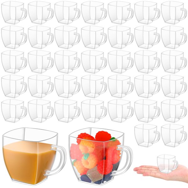 Amyhill 100 Pcs 2 oz Disposable Tea Cups Mini Plastic Tea Cup Bulk with Handle Hard Plastic Coffee Mug Disposable Square Espresso Mug for Tea Party Catering (Transparent)