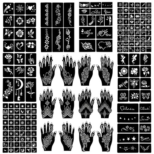 QSTOHENA Henna Tattoo Stencil Kit 171pcs, 20 Sheets Reusable Henna Stencils for Hands Indian Arabian Temporary Glitter Airbrush Tattoo Stencils for Face Body Paint DIY