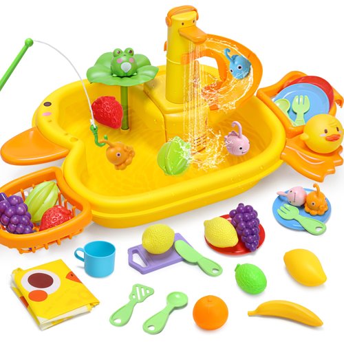 CUTE STONE Toy Sink with Running Water, Play Sink Toy with Upgraded Electric Faucet, Water Slide Track, Pool Floating, Fishing Toys for Kids, Pretend Play Kitchen Toys for Boys Girls