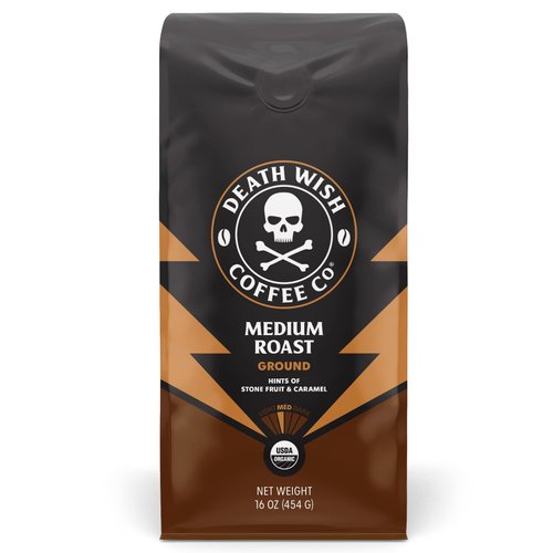 Death Wish Coffee Co., Organic and Fair Trade Medium Roast Ground Coffee, 16 Ounce (Pack of 1)