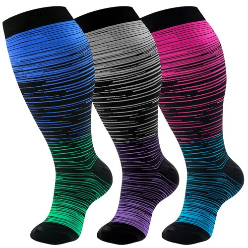 bropite 3 Pairs Plus Size Compression Socks Extra Wide Calf Women&Men 20-30mmHg Support Varicose Swelling Running Climbing