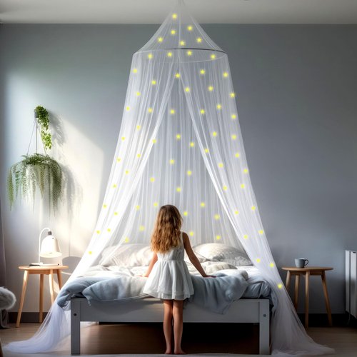 UB-STORE Canopy for Girls Bed with Pre-Glued Glow in The Dark Stars - Princess Mosquito Net Room Decor - Kids & Baby Bedroom Tent with Galaxy Lights - 1 Opening Canopy Bed & Hanging Kit Included