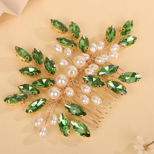 BERYUAN Crystal Rhinestone Hair Comb Rhinestone Pearls Headpiece Teardrop Rhinestone Wedding Hair Accessories for Women (green)