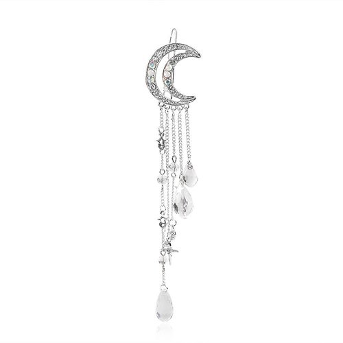 Romantic Crescent Moon Star Crystal Dangle Hairpin Rhinestone Beads Hair Clips Bridal Jewelry Tassel Drop Hair Pins Bobby Pins For Women Girls Hair Accessories (Silver)